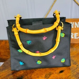 Tianni Black Embroidered fish Handbag with Bamboo Handles